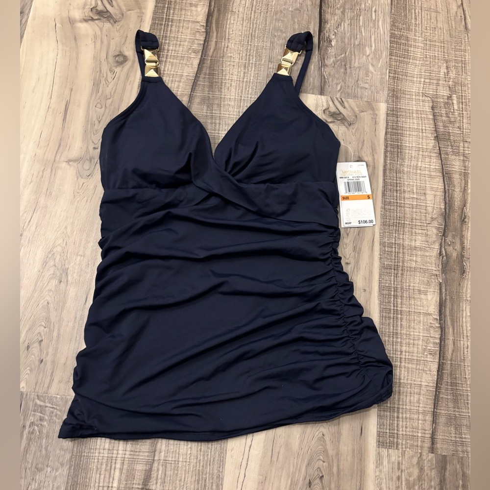 Micheal Kors Black Ruched Swimsuit with Gold Accents
